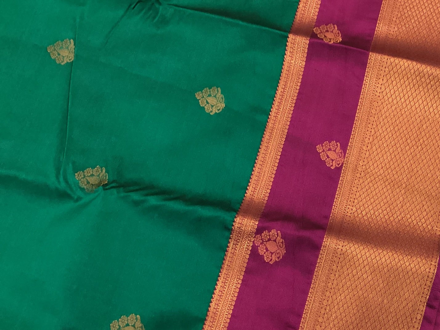 Deep Teal Magenta Silk Saree Gold Zari Broad Border Traditional