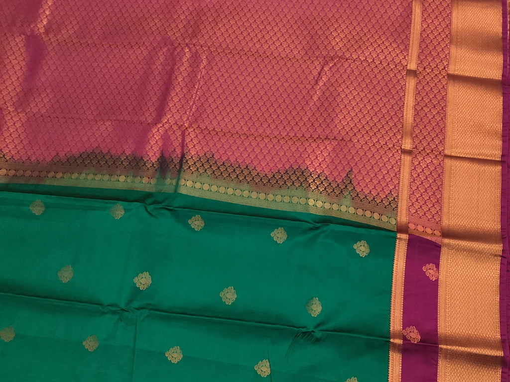 Deep Teal Magenta Silk Saree Gold Zari Broad Border Traditional