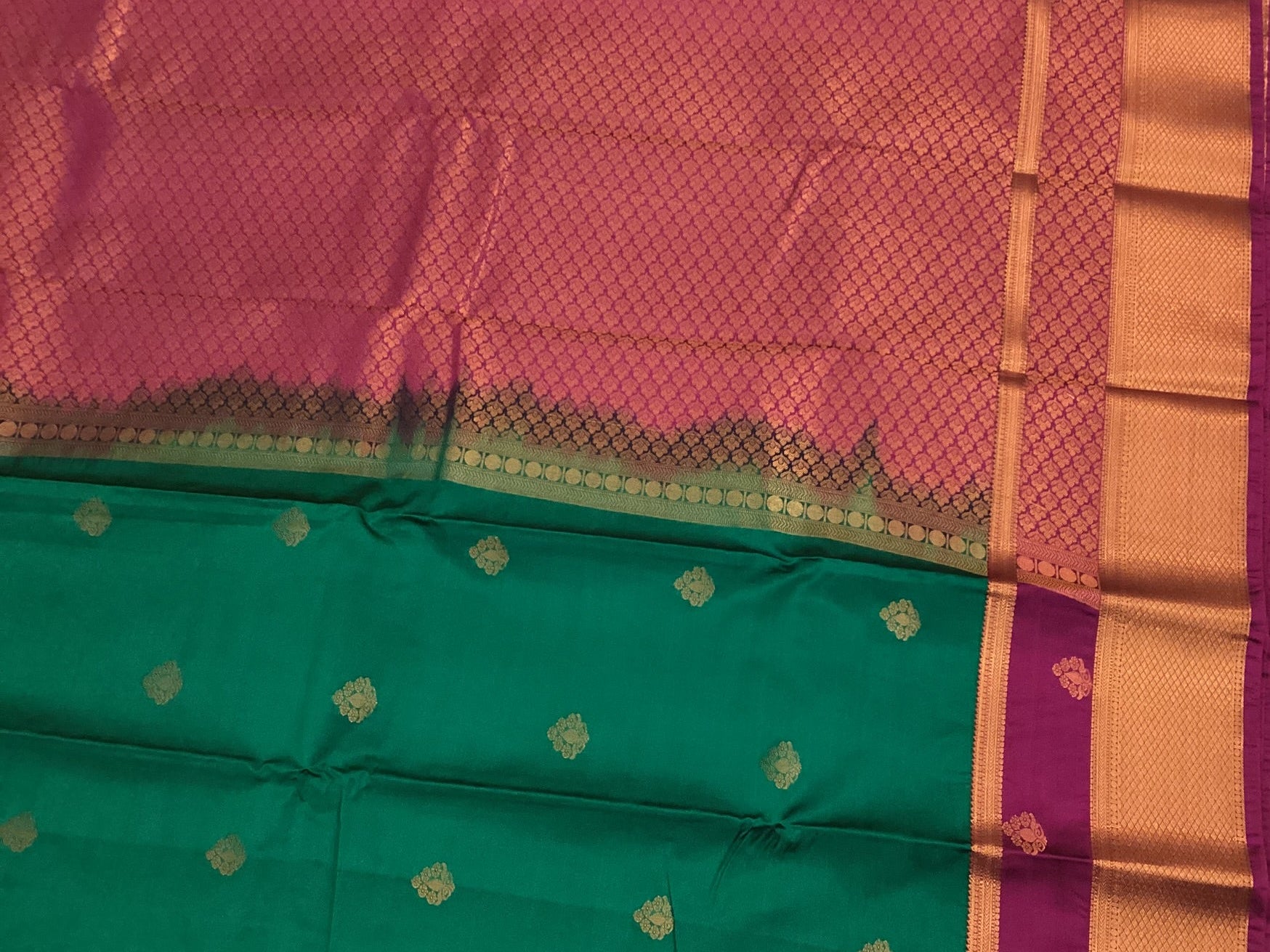 Deep Teal Magenta Silk Saree Gold Zari Broad Border Traditional