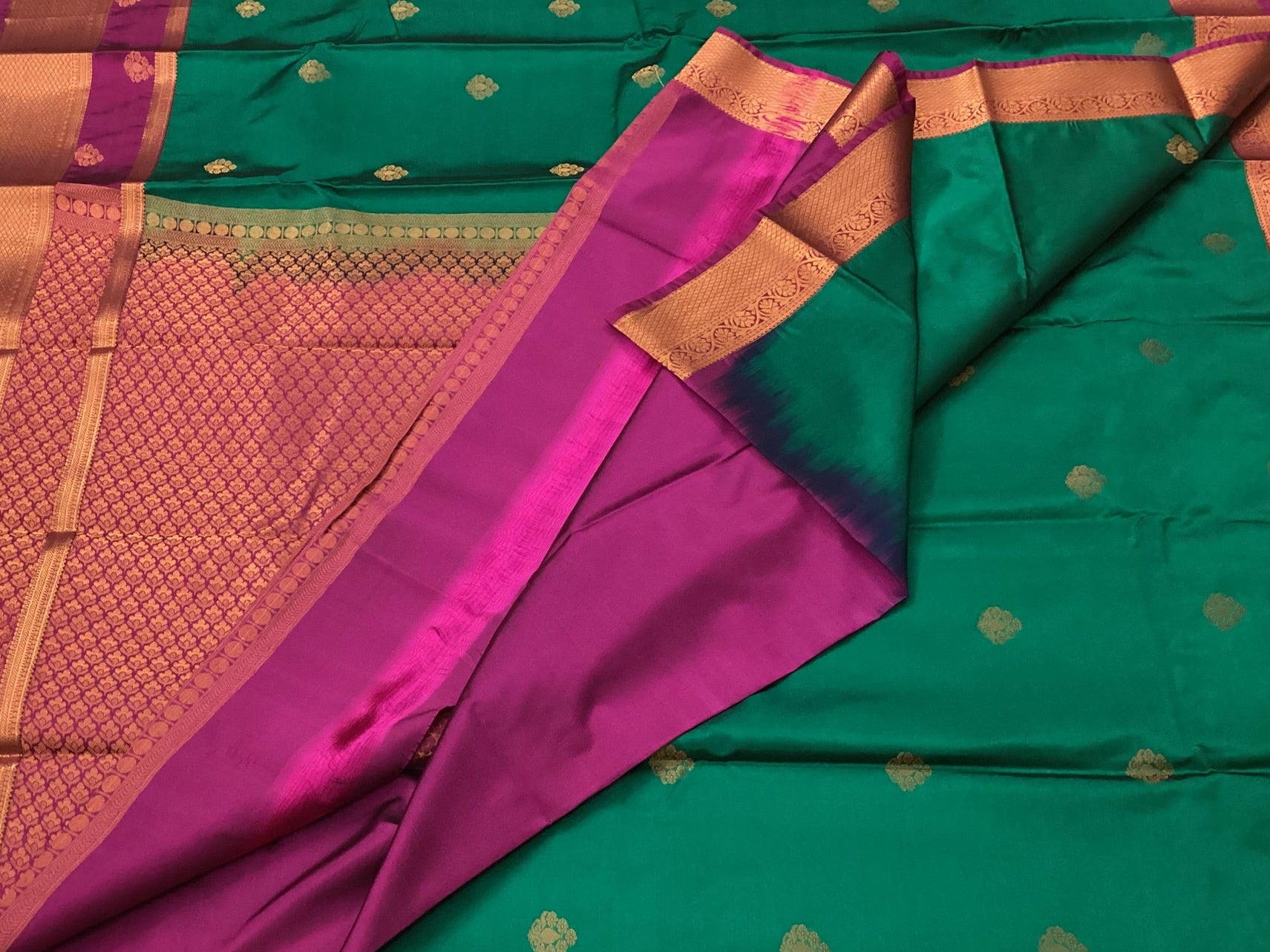 Deep Teal Magenta Silk Saree Gold Zari Broad Border Traditional
