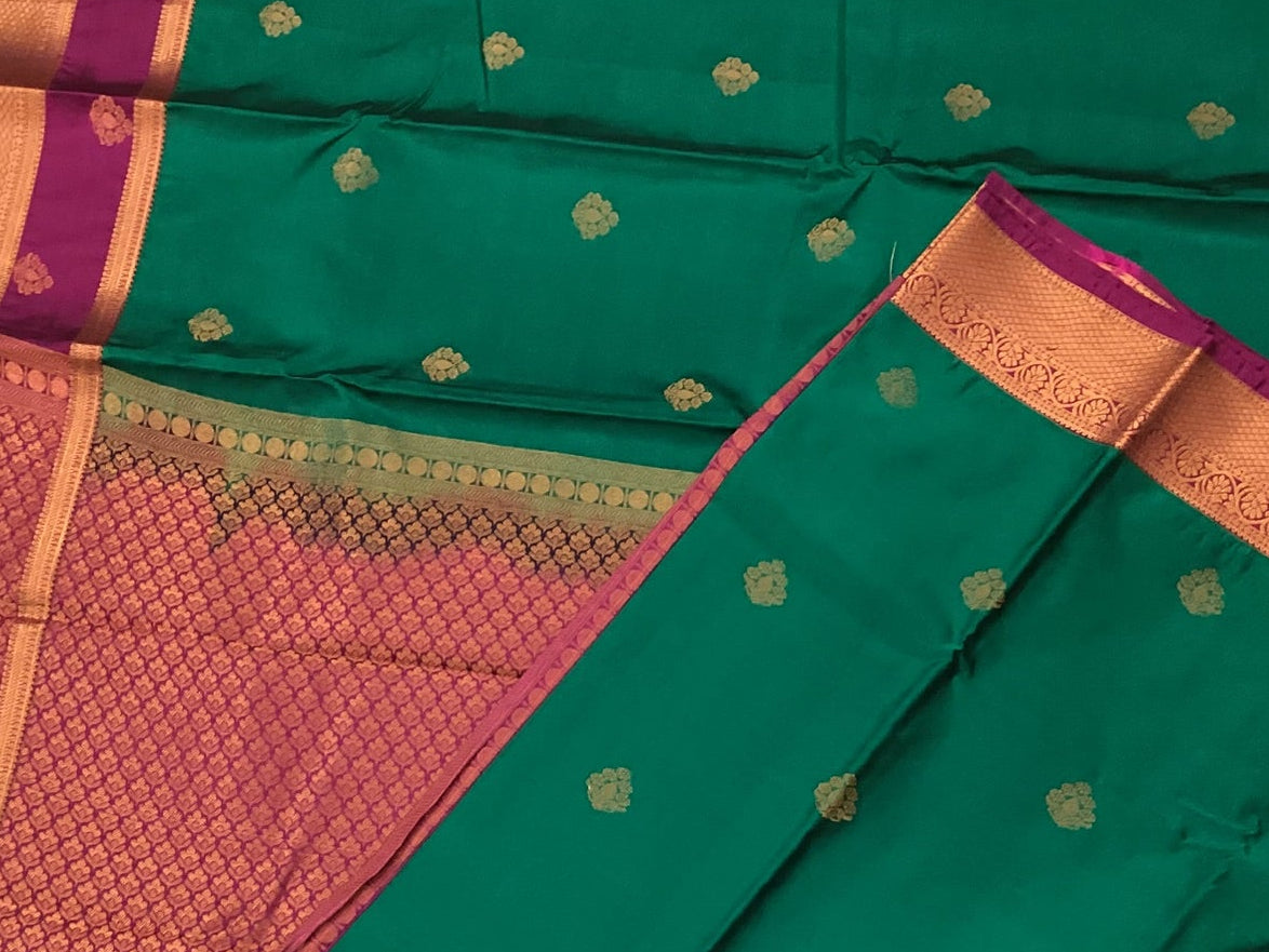 Deep Teal Magenta Silk Saree Gold Zari Broad Border Traditional