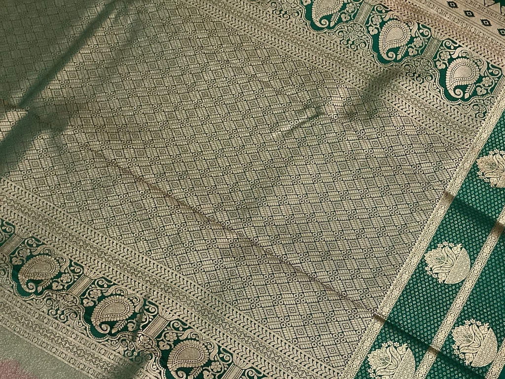 Magenta Teal Silk Saree Silver Zari Brocade Pallu Floral Buti