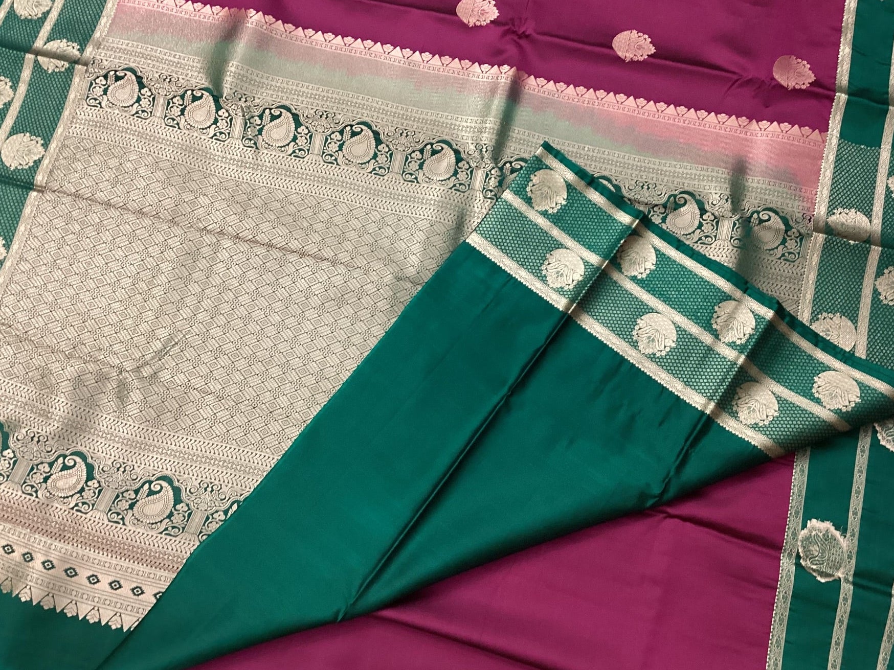 Magenta Teal Silk Saree Silver Zari Brocade Pallu Floral Buti