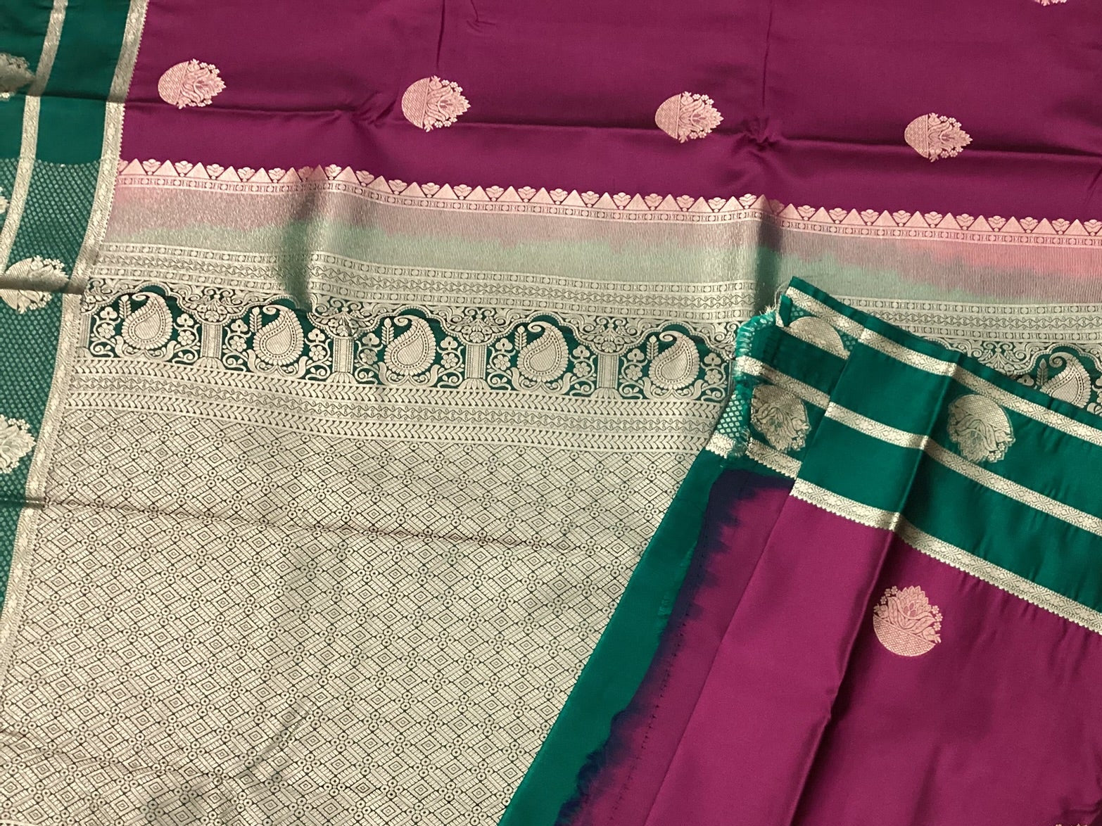 Magenta Teal Silk Saree Silver Zari Brocade Pallu Floral Buti