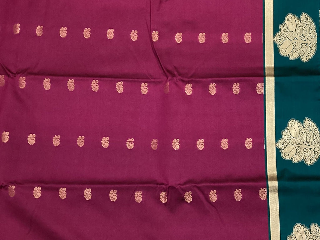 Magenta Teal Silk Saree Silver Zari Floral Border Buti Traditional