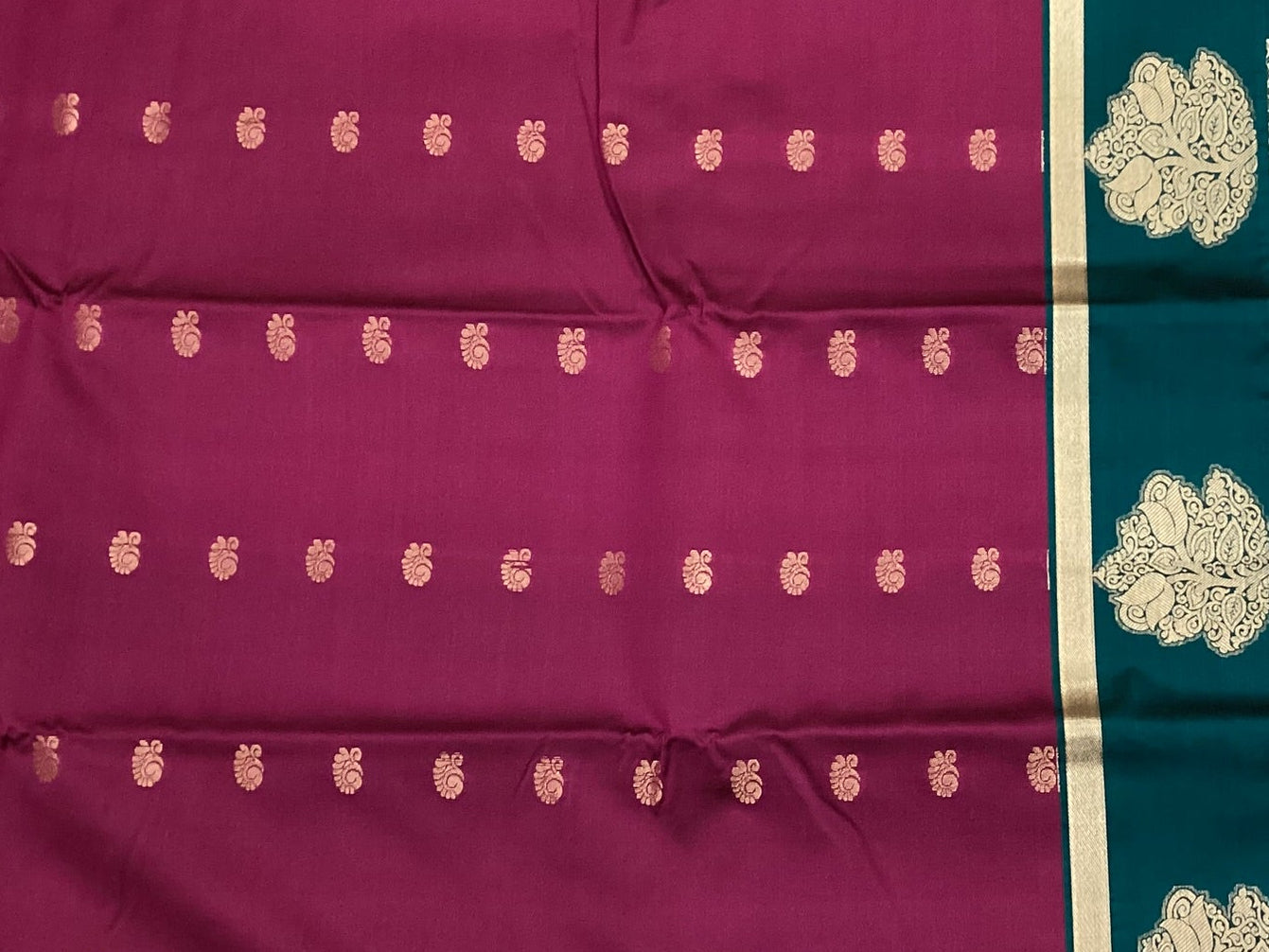Magenta Teal Silk Saree Silver Zari Floral Border Buti Traditional