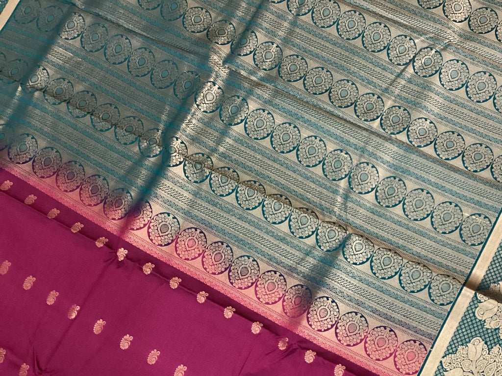 Magenta Teal Silk Saree Silver Zari Floral Border Buti Traditional