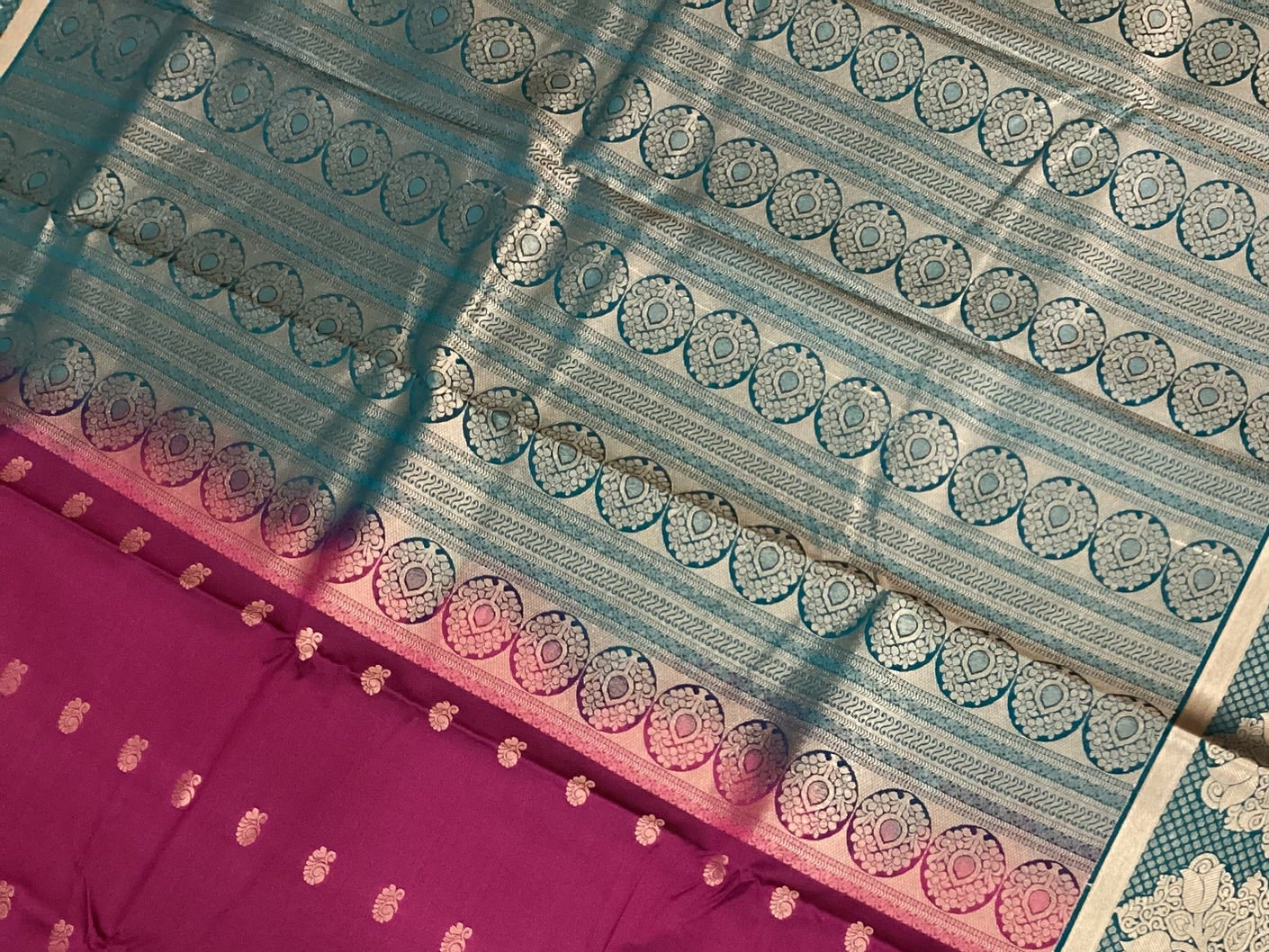 Magenta Teal Silk Saree Silver Zari Floral Border Buti Traditional