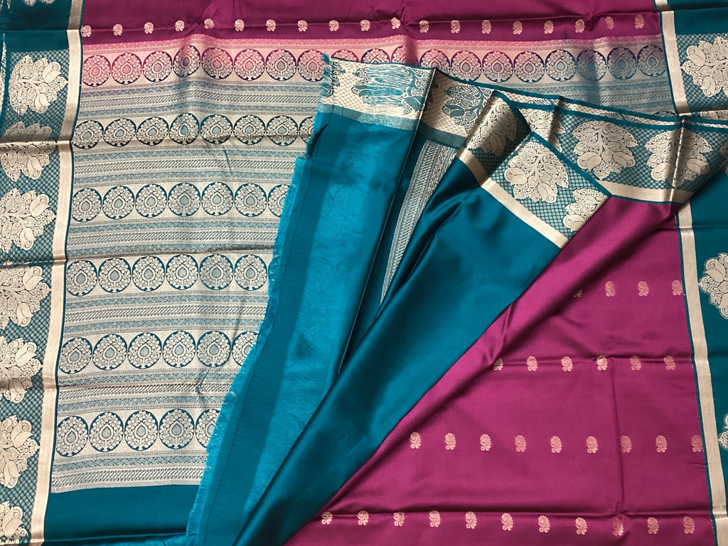 Magenta Teal Silk Saree Silver Zari Floral Border Buti Traditional