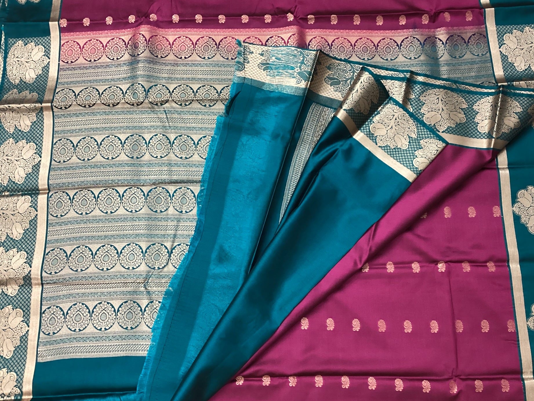 Magenta Teal Silk Saree Silver Zari Floral Border Buti Traditional