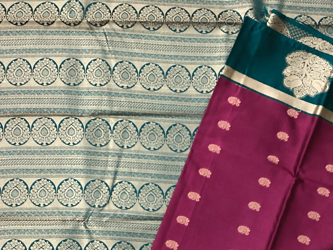 Magenta Teal Silk Saree Silver Zari Floral Border Buti Traditional