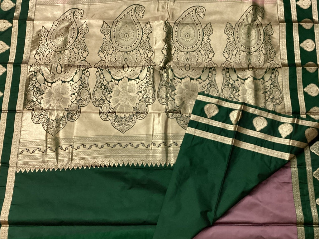 Emerald Green And Dusty Mauve Silver Brocade Traditional Saree Weave
