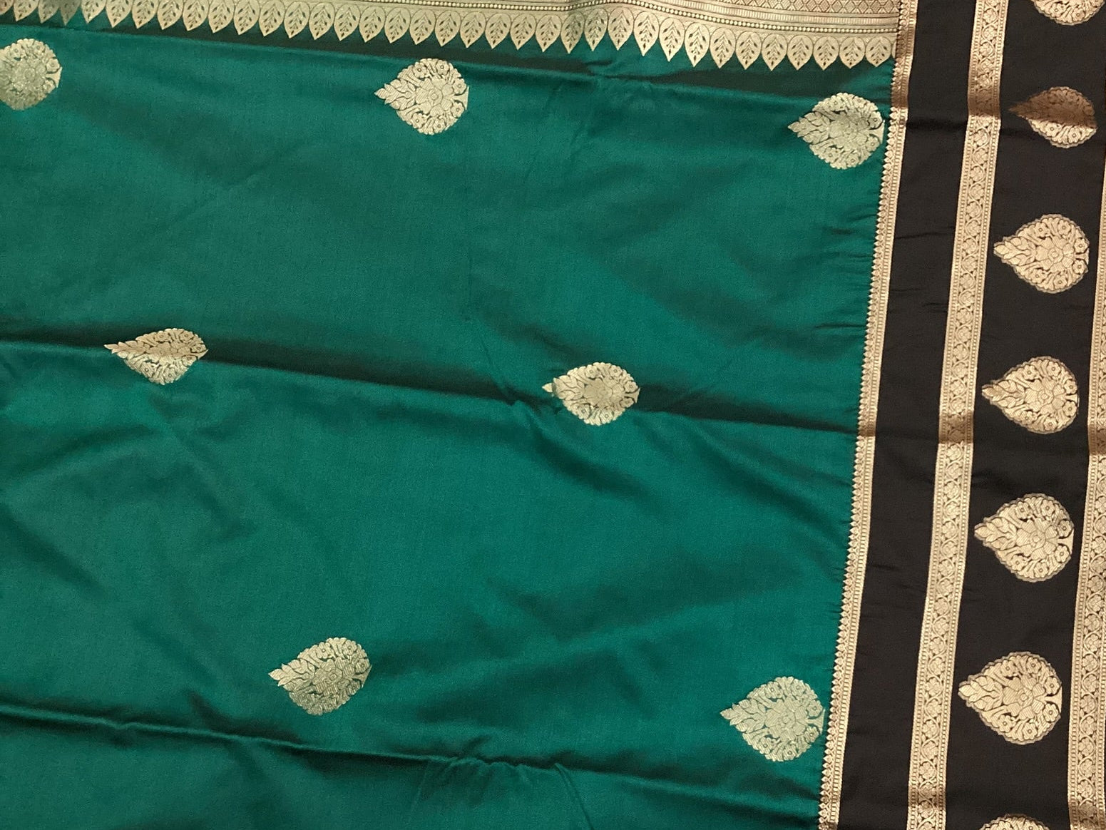 Teal Paisley Zari Silk Saree with Antique Gold Pallu and Border