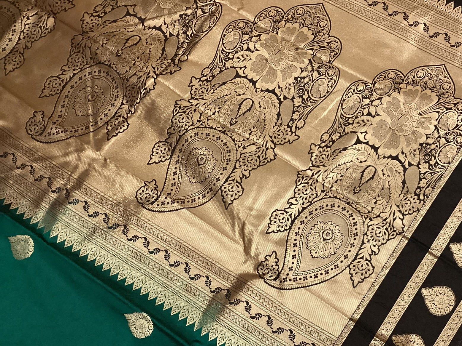 Teal Paisley Zari Silk Saree with Antique Gold Pallu and Border