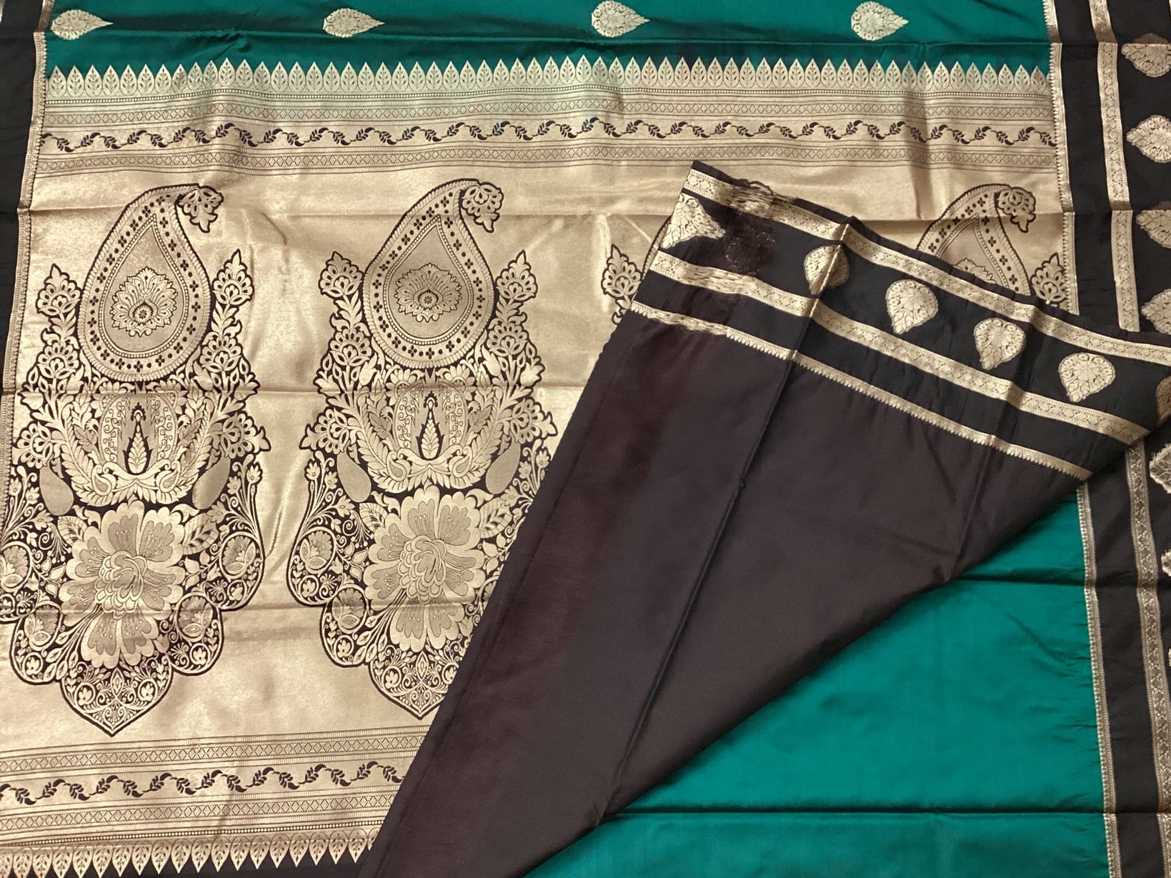 Teal Paisley Zari Silk Saree with Antique Gold Pallu and Border