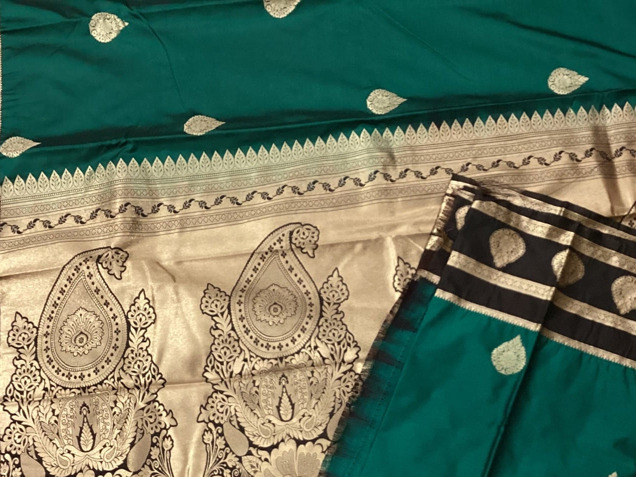 Teal Paisley Zari Silk Saree with Antique Gold Pallu and Border