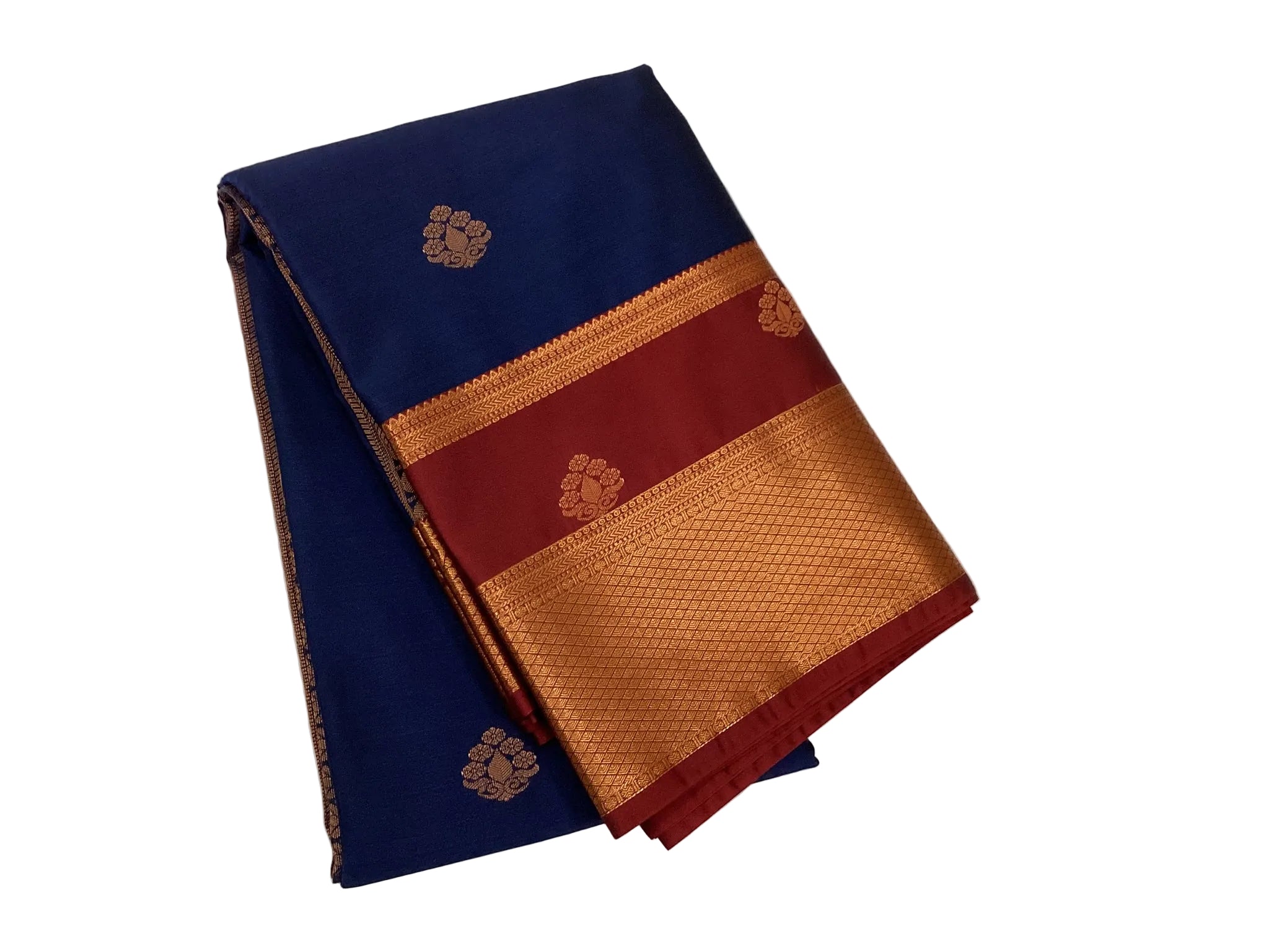 Cobalt Blue Silk Saree Maroon Pallu Gold Brocade Wedding Wear