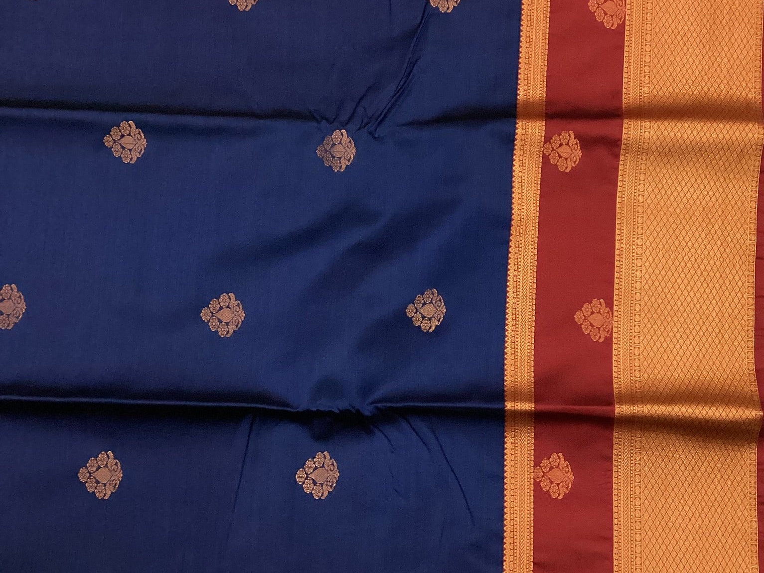 Cobalt Blue Silk Saree Maroon Pallu Gold Brocade Wedding Wear