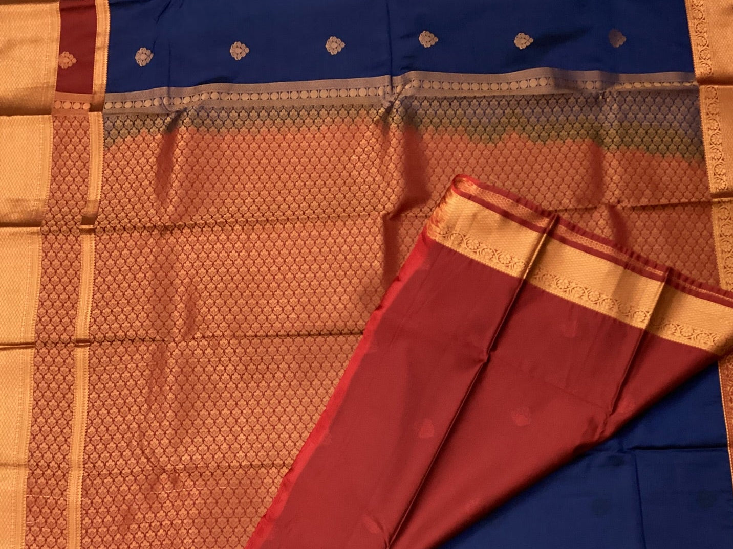Cobalt Blue Silk Saree Maroon Pallu Gold Brocade Wedding Wear