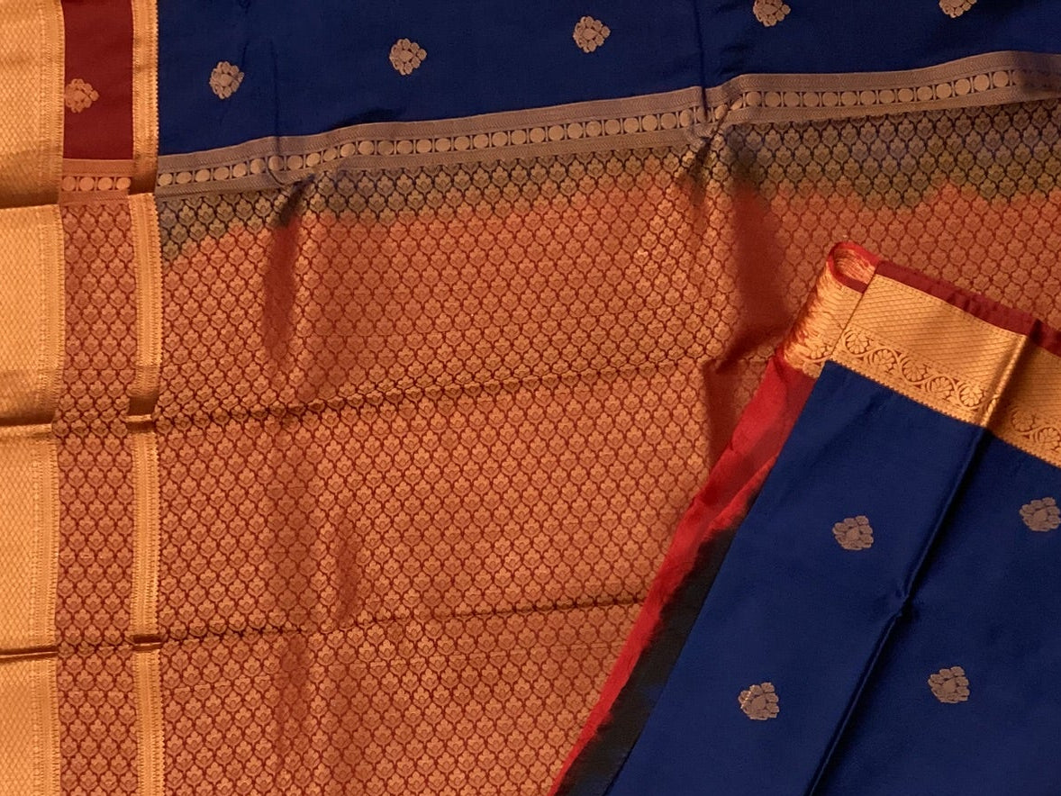 Cobalt Blue Silk Saree Maroon Pallu Gold Brocade Wedding Wear