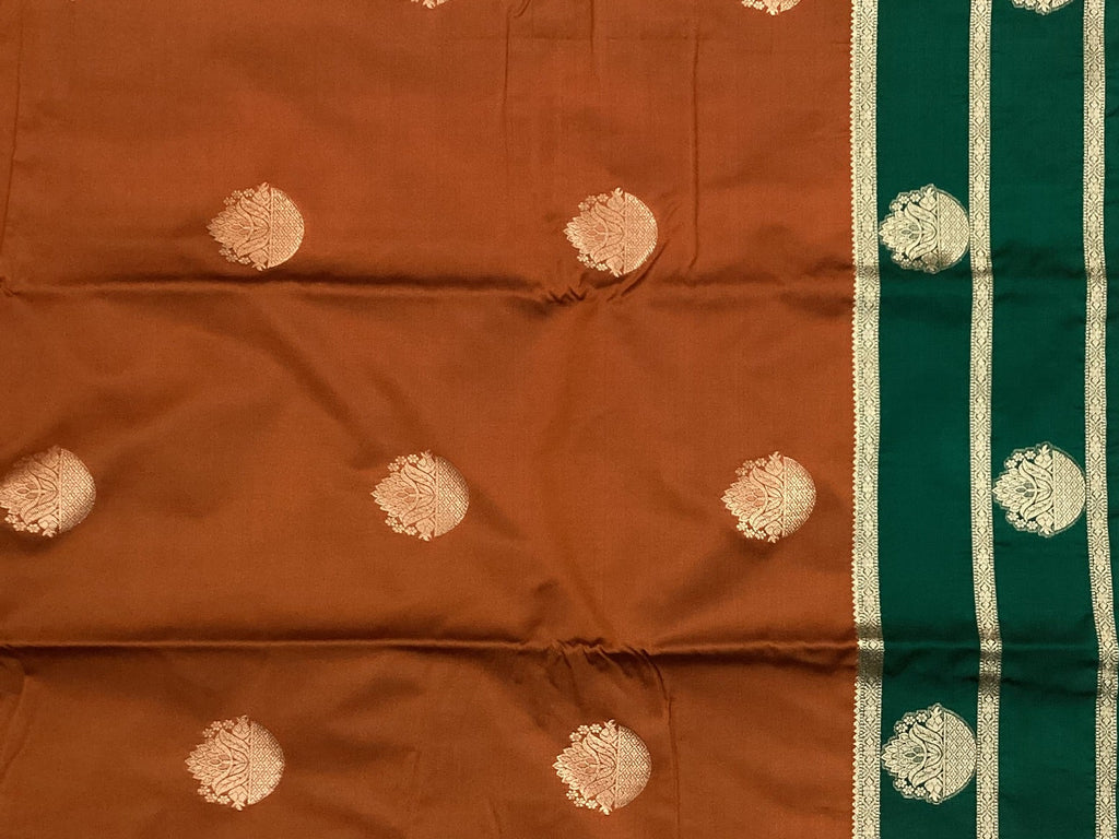 Rust Orange Silk Saree Teal Border Silver Zari Paisley Motifs