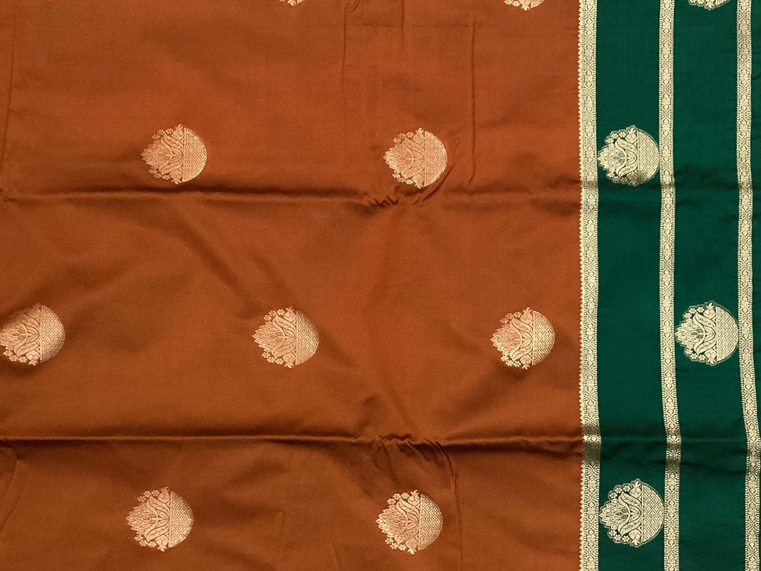 Rust Orange Silk Saree Teal Border Silver Zari Paisley Motifs