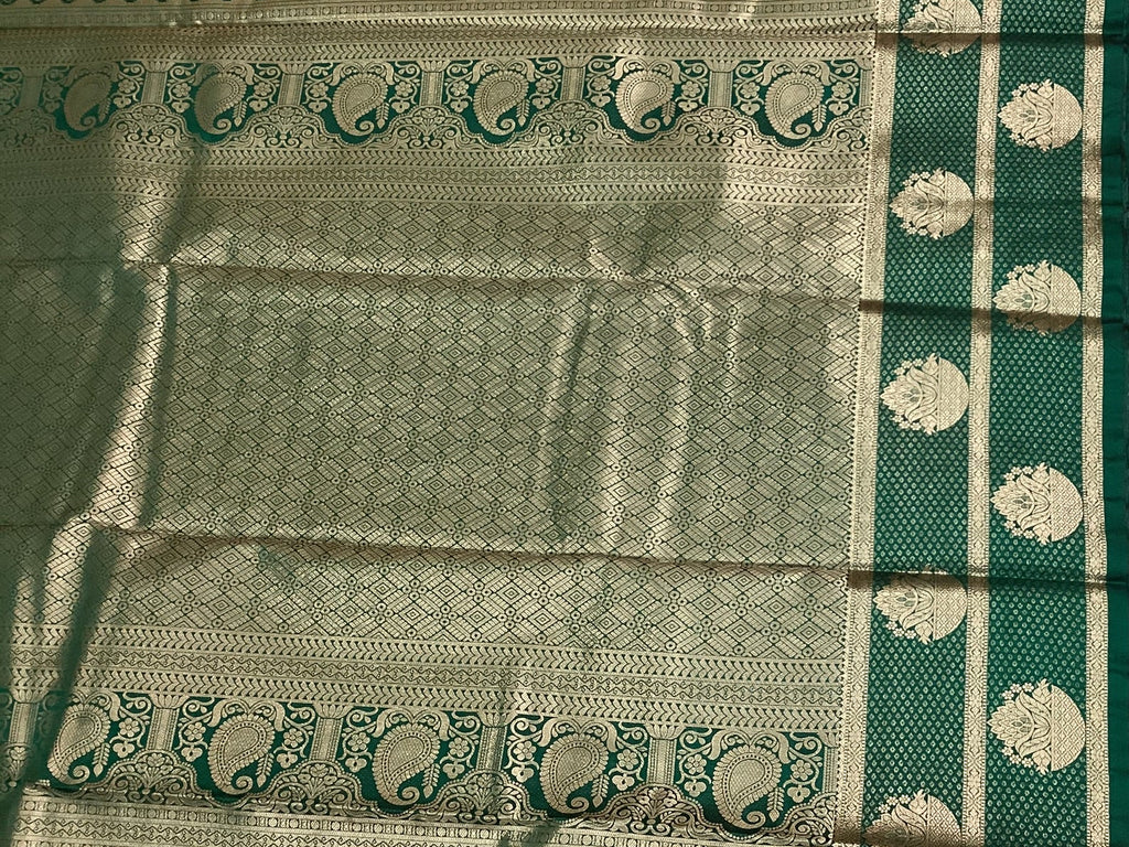 Rust Orange Silk Saree Teal Border Silver Zari Paisley Motifs