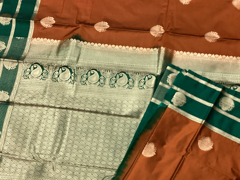 Rust Orange Silk Saree Teal Border Silver Zari Paisley Motifs