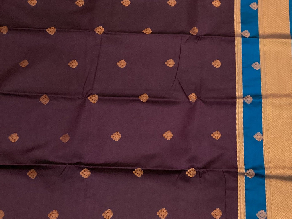 Plum Silk Saree Copper Zari Buttas Mauve Pallu Cobalt Border