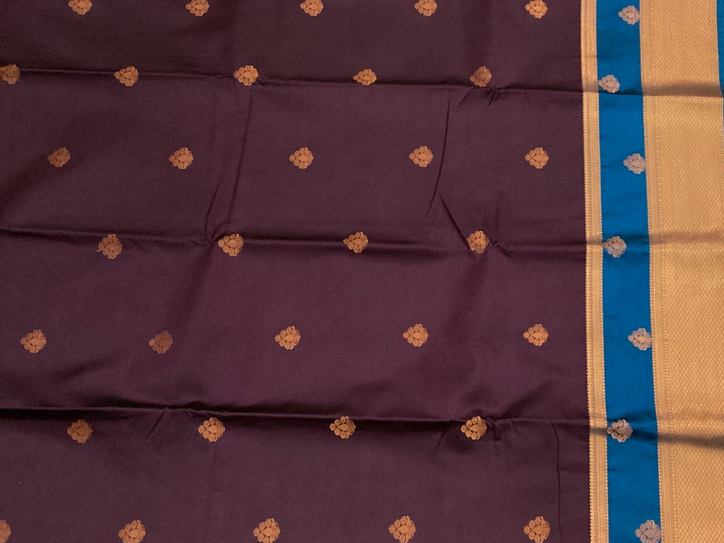 Plum Silk Saree Copper Zari Buttas Mauve Pallu Cobalt Border