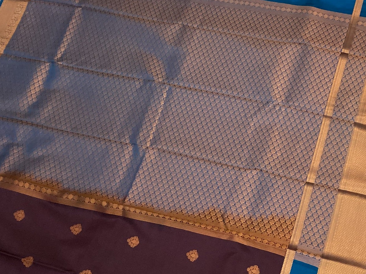 Plum Silk Saree Copper Zari Buttas Mauve Pallu Cobalt Border