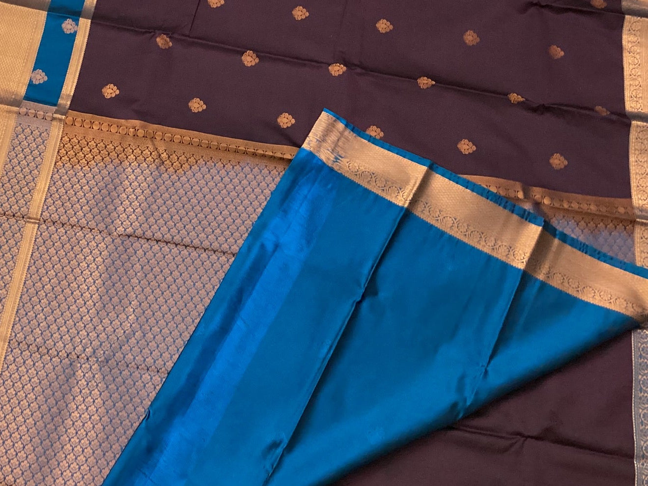 Plum Silk Saree Copper Zari Buttas Mauve Pallu Cobalt Border