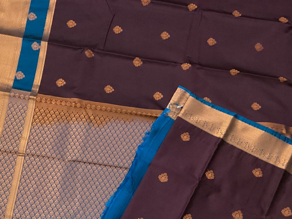 Plum Silk Saree Copper Zari Buttas Mauve Pallu Cobalt Border