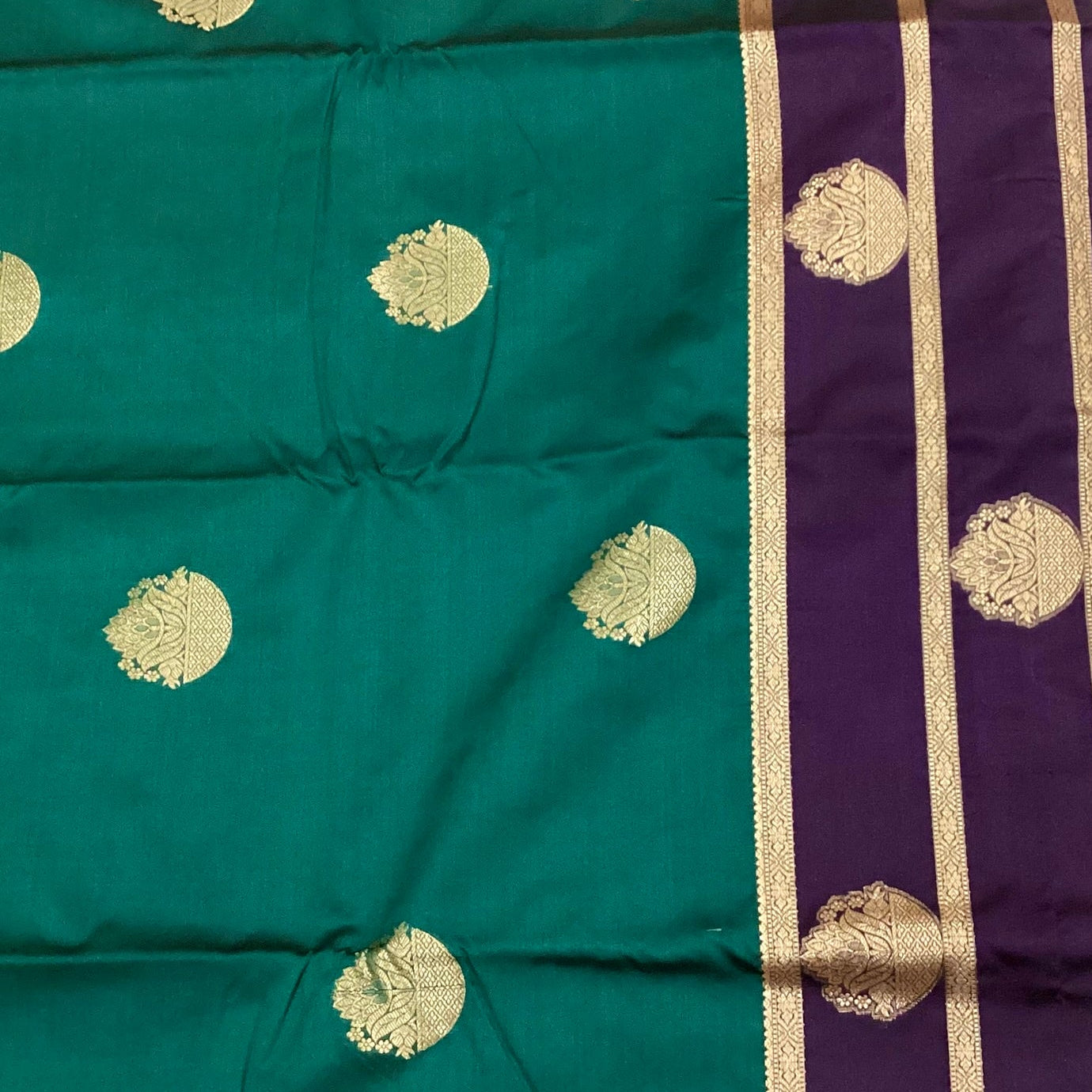 Peacock Teal Silk Saree Silver Brocade Pallu Purple Border Traditional