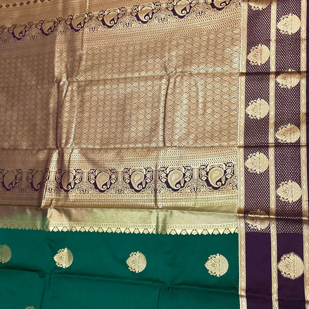 Peacock Teal Silk Saree Silver Brocade Pallu Purple Border Traditional