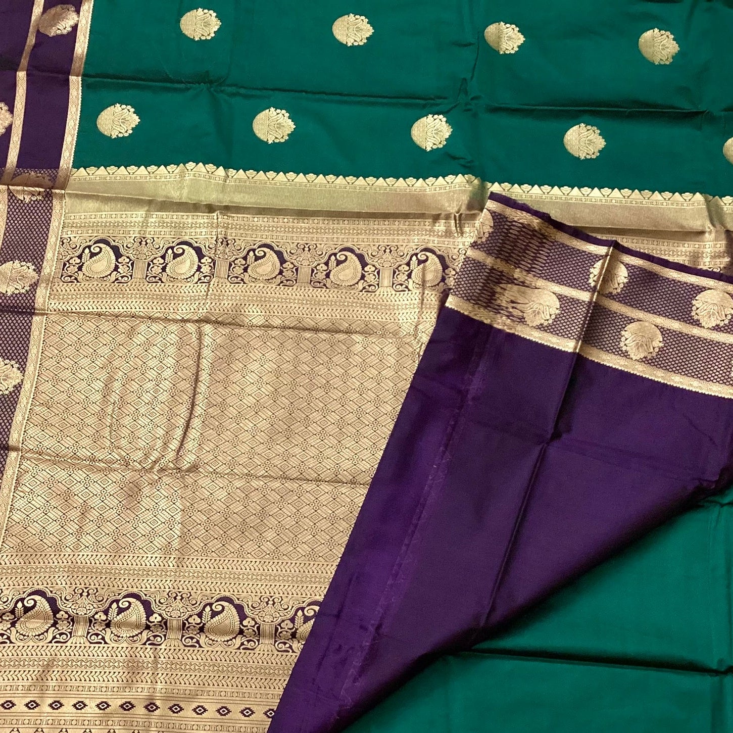 Peacock Teal Silk Saree Silver Brocade Pallu Purple Border Traditional