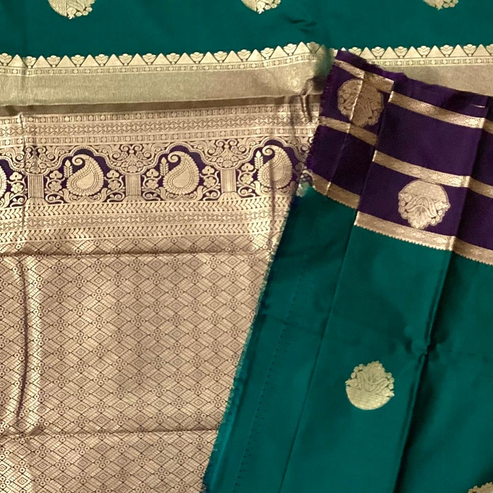 Peacock Teal Silk Saree Silver Brocade Pallu Purple Border Traditional