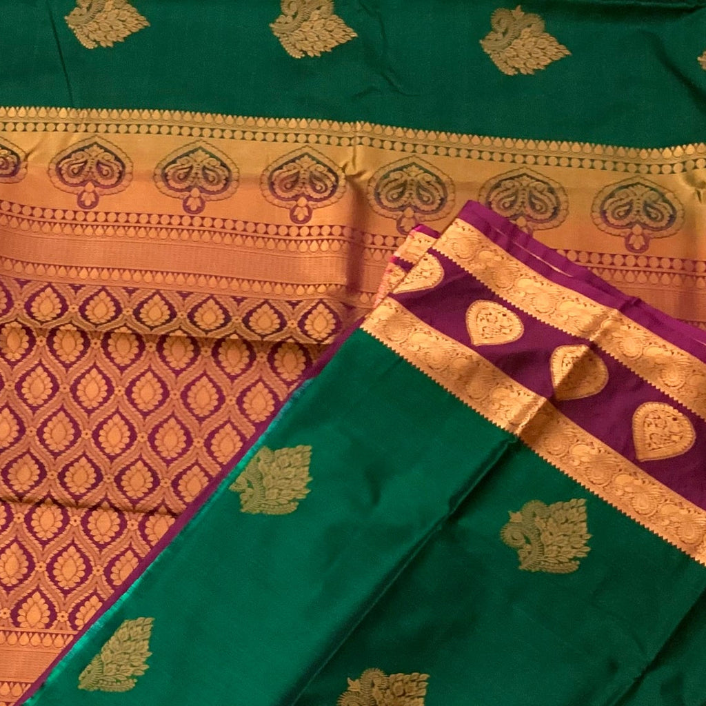 Teal Magenta Silk Saree Gold Zari Paisley Buta Wedding Traditional