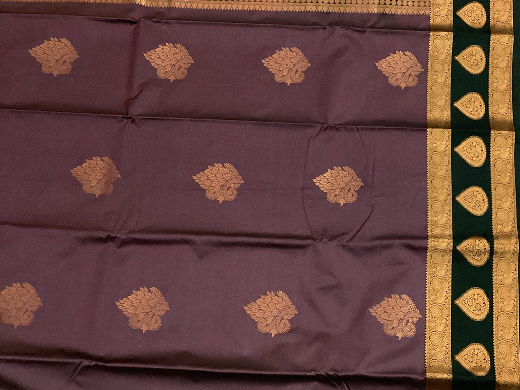 Royal Purple Silk Saree Deep Teal Pallu Gold Zari Buta