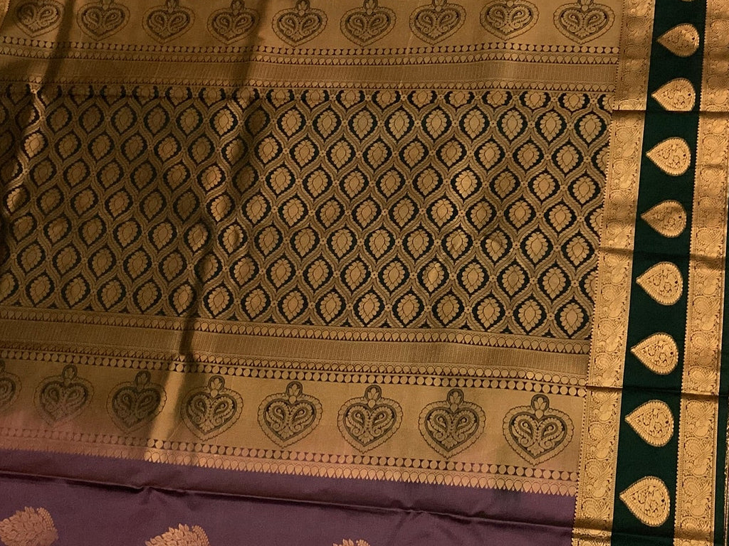 Royal Purple Silk Saree Deep Teal Pallu Gold Zari Buta