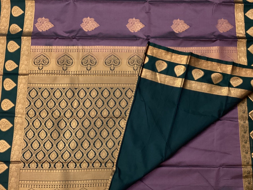 Royal Purple Silk Saree Deep Teal Pallu Gold Zari Buta
