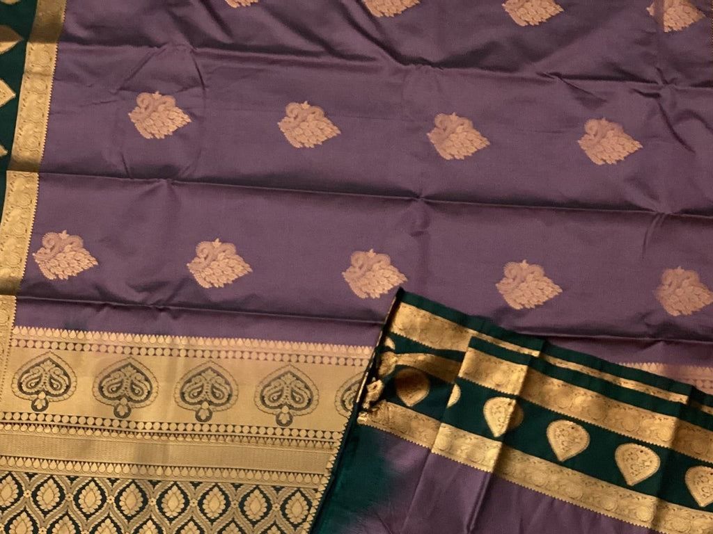 Royal Purple Silk Saree Deep Teal Pallu Gold Zari Buta