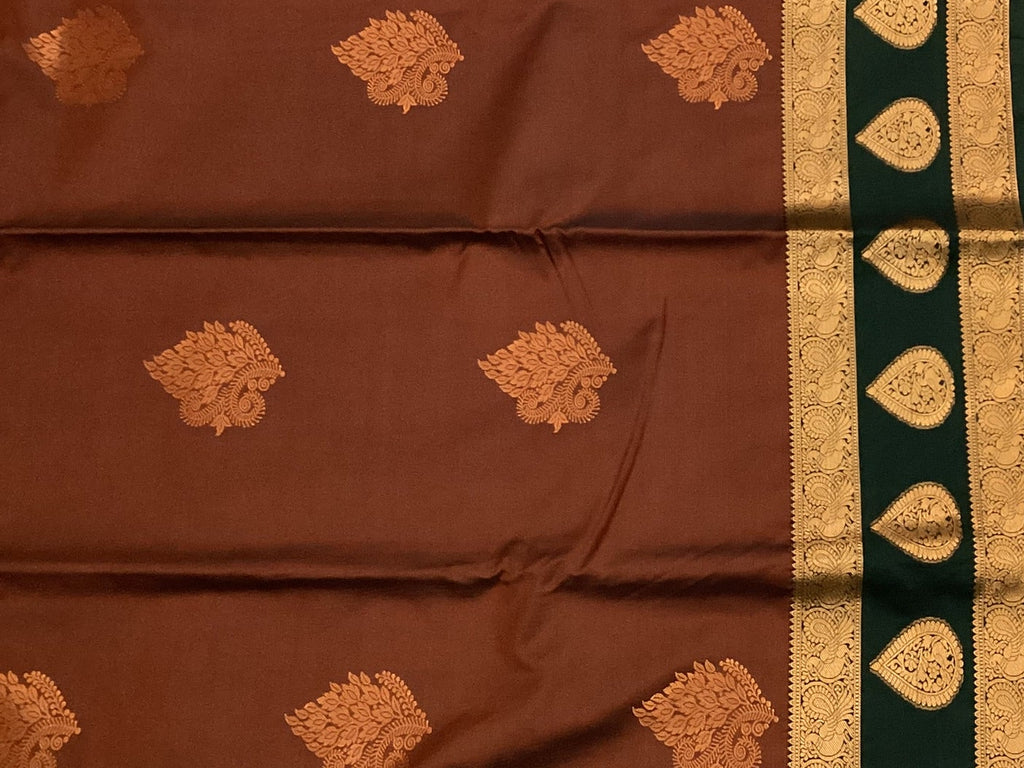 Maroon Teal Silk Saree with Antique Gold Zari and Pallu
