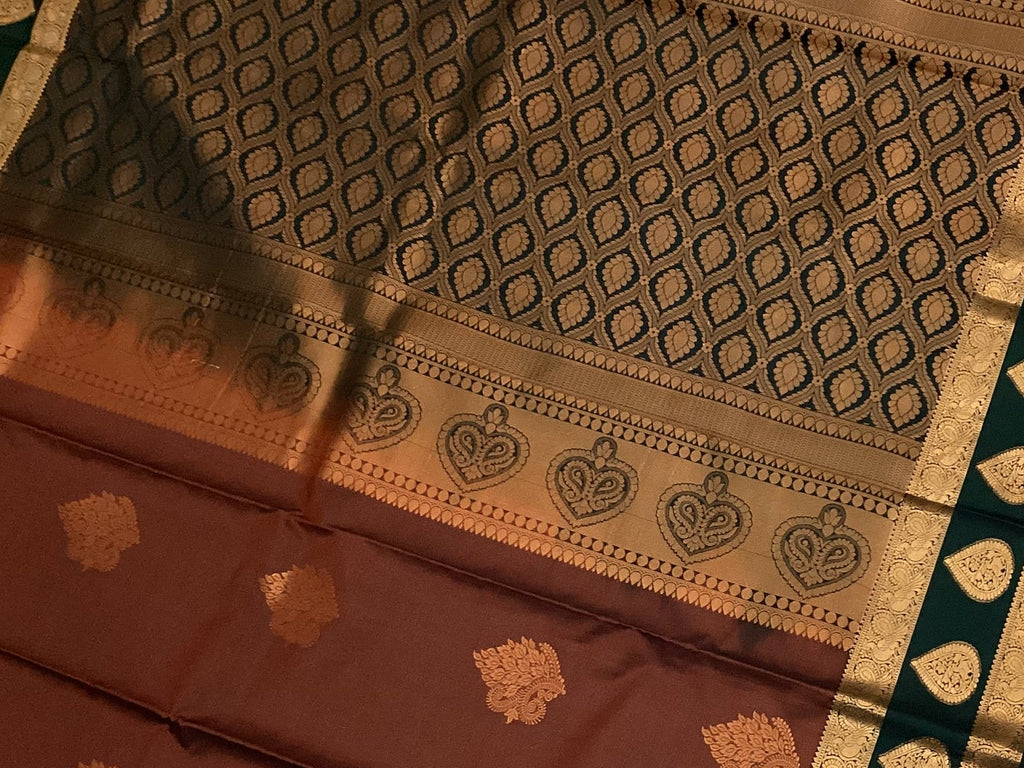 Maroon Teal Silk Saree with Antique Gold Zari and Pallu