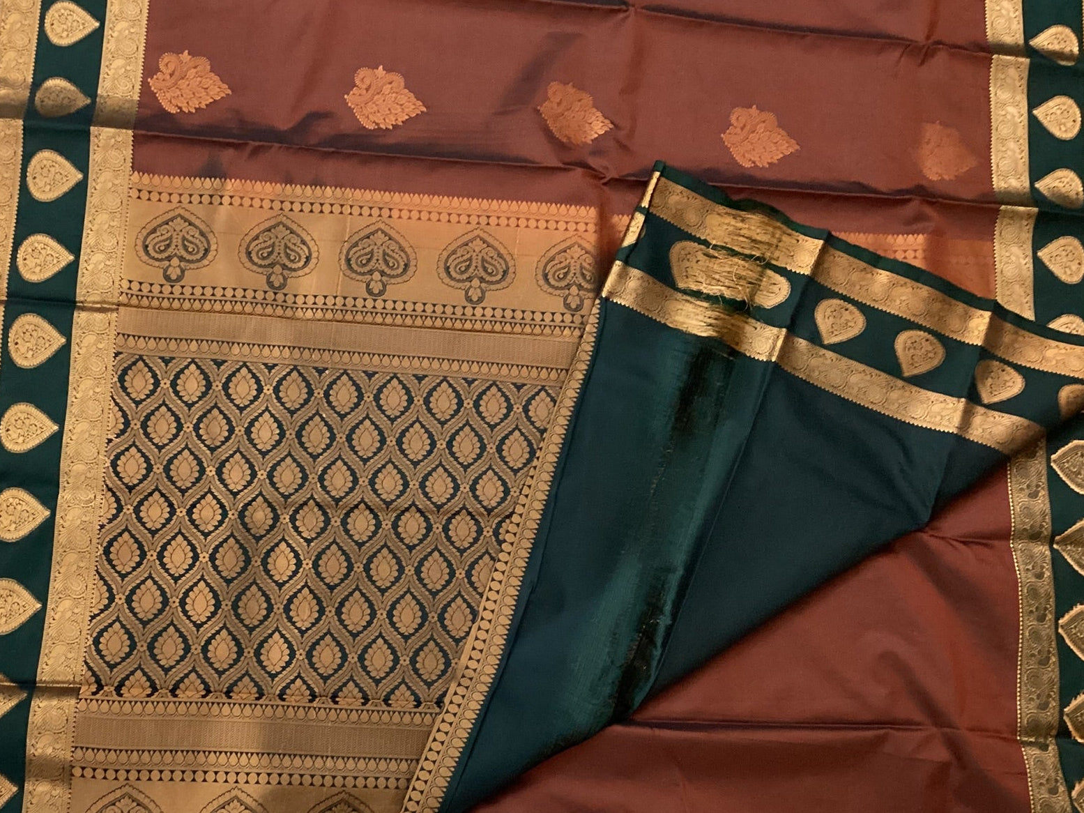 Maroon Teal Silk Saree with Antique Gold Zari and Pallu