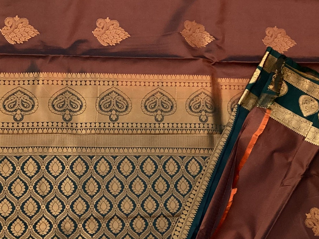 Maroon Teal Silk Saree with Antique Gold Zari and Pallu