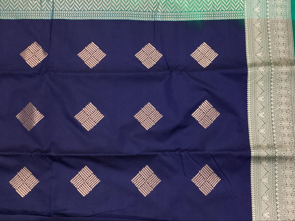 Navy Teal Silk Saree with Silver Zari and Diamond Motifs