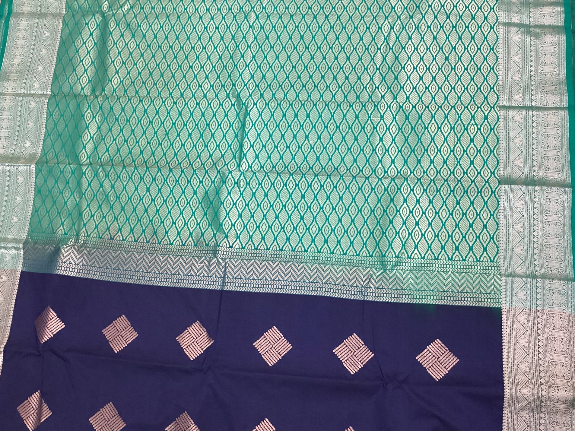 Navy Teal Silk Saree with Silver Zari and Diamond Motifs