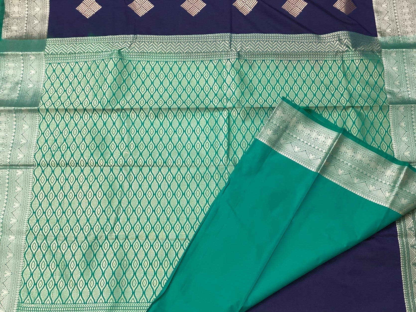 Navy Teal Silk Saree with Silver Zari and Diamond Motifs