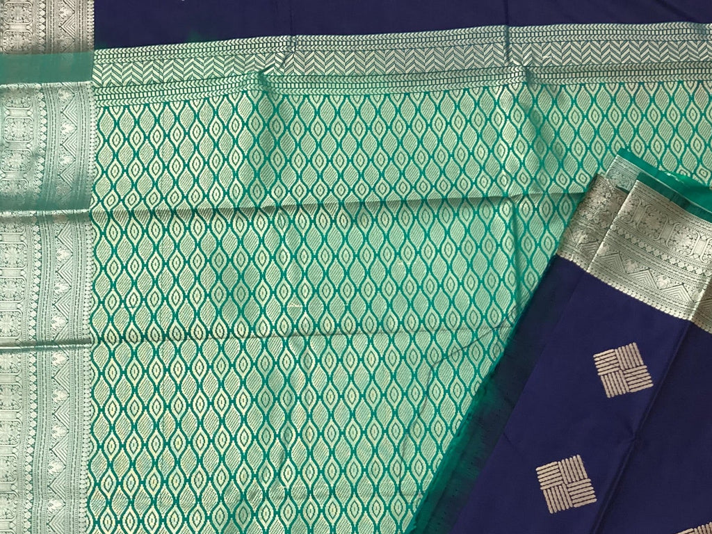 Navy Teal Silk Saree with Silver Zari and Diamond Motifs